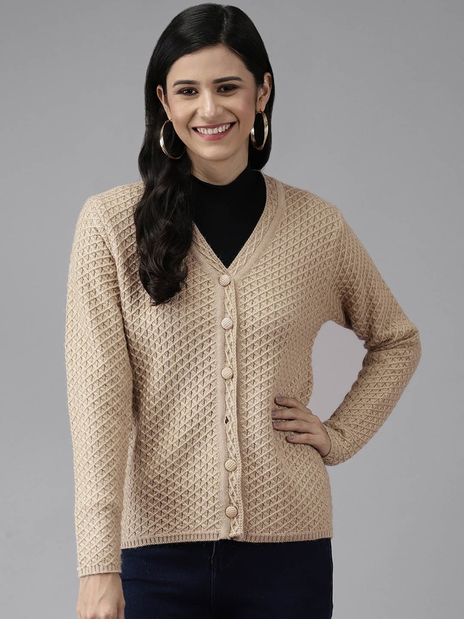 Cayman Beige Woolen Textured Cardigan