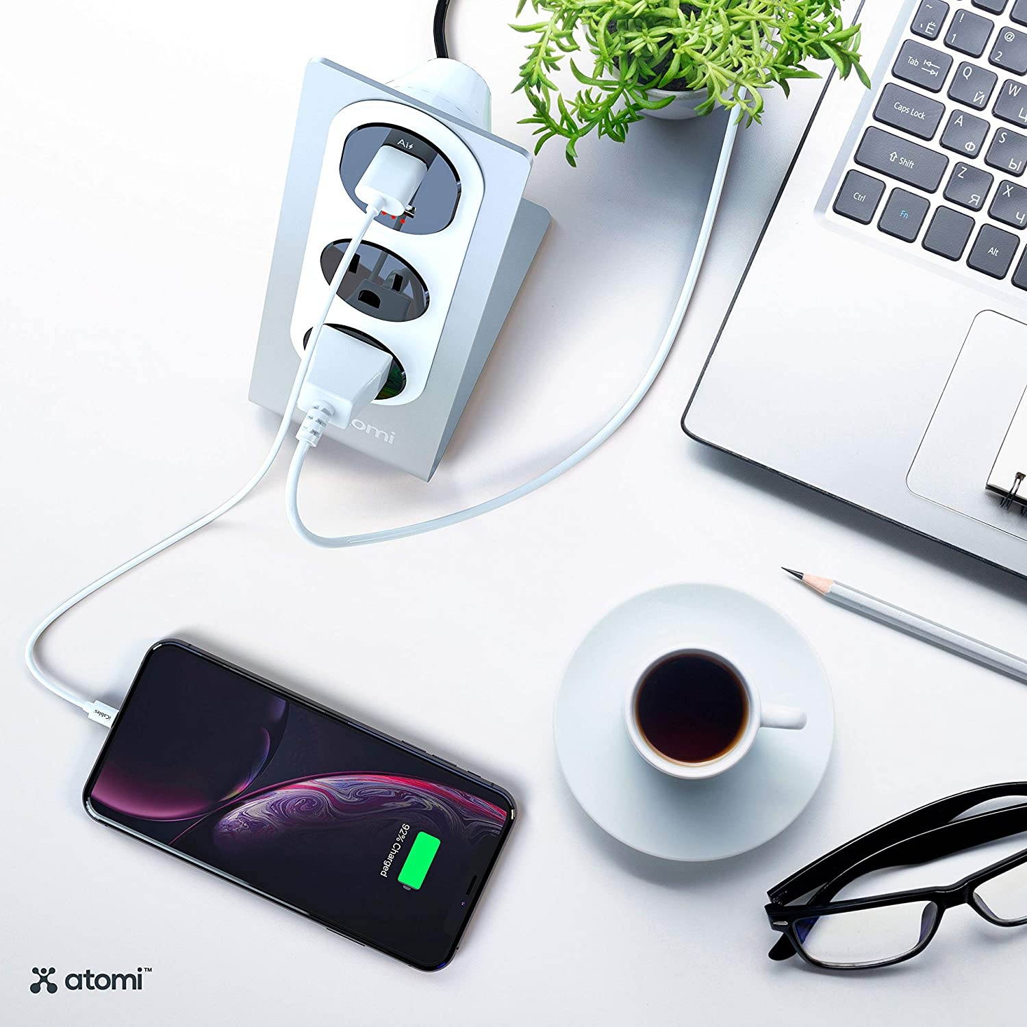 Atomi Desktop Surge Protector with USB Outlets &ndash; 2 Power Outlets & 2 Ai Charge USB Outlets w/Rapid Charge, 10W, 2.1A USB, 400 Joules of Protection, Organize Your Desk, Heavyweight Metal, Silver