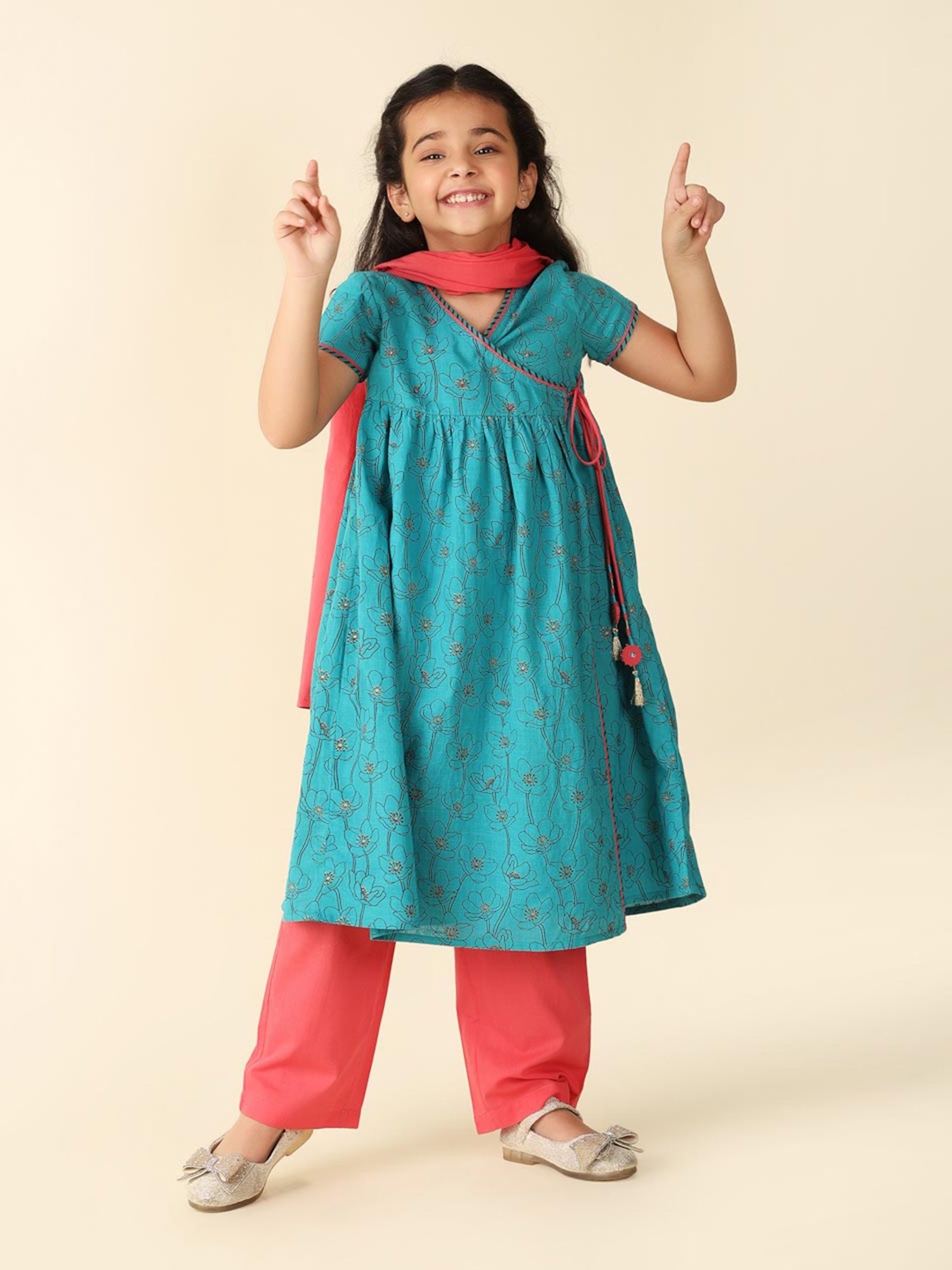 Fabindia Kids Blue & Coral Floral Print Kurta, Salwar with Dupatta