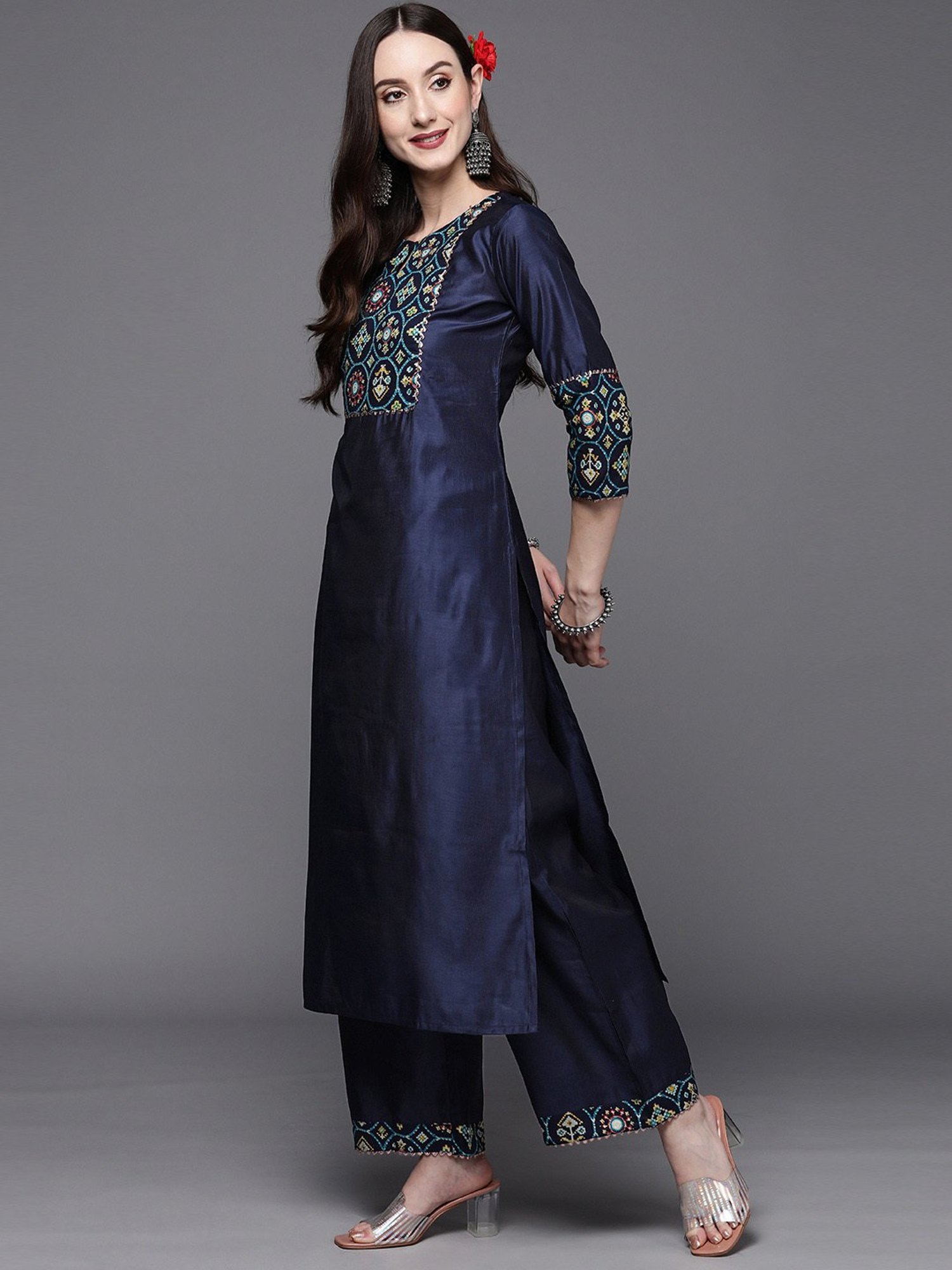 Indo Era Navy Printed Kurta Palazzo Set With Dupatta