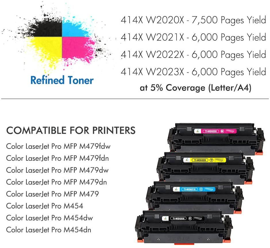 True Image Compatible Toner Cartridge Replacement for HP 414X W2020X 414A W2020A Laserjet Pro MFP M479fdw M479fdn M454dw M454dn M454 M479 Printer Ink No Chip (Black Cyan Yellow Magenta, 4-Pack)