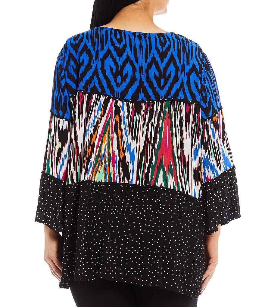 Calessa Plus Size Crinkle Tiered Patchwork Round Neck Long Bell Sleeve Abstract Print Tunic