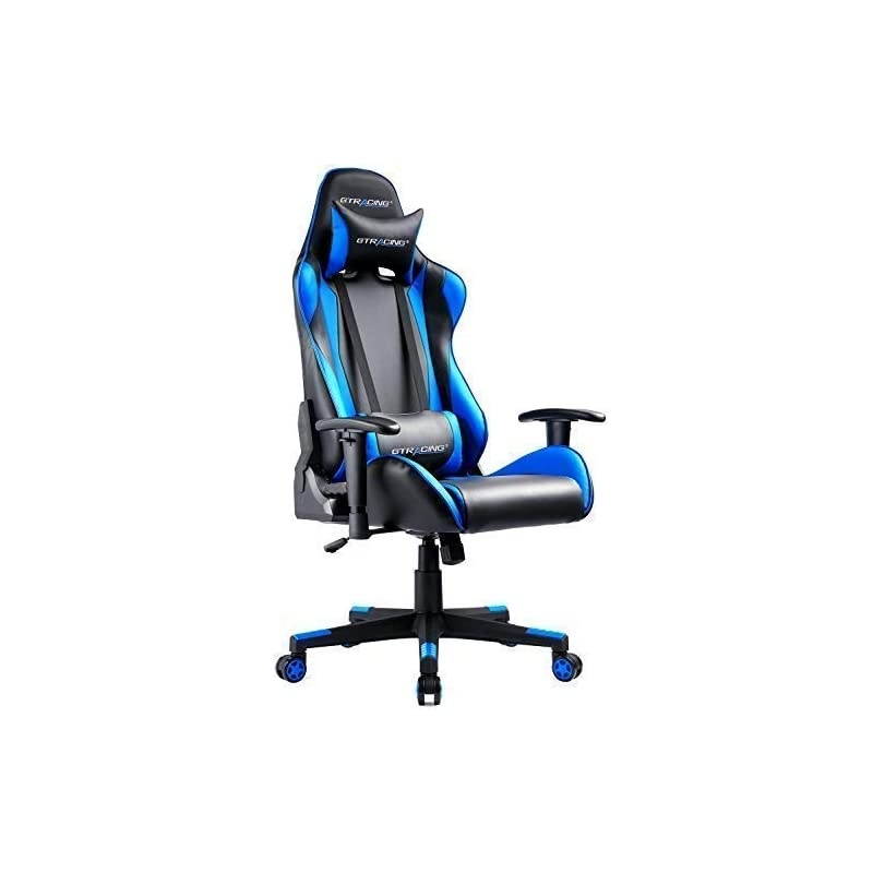 Gaming Chair Racing Office Computer Game Desk Chair Ergonomic Backrest and Seat Height Adjustment Swivel Rocker with Headrest and Lumbar Pillow E-Sports Chair Black (Blue)