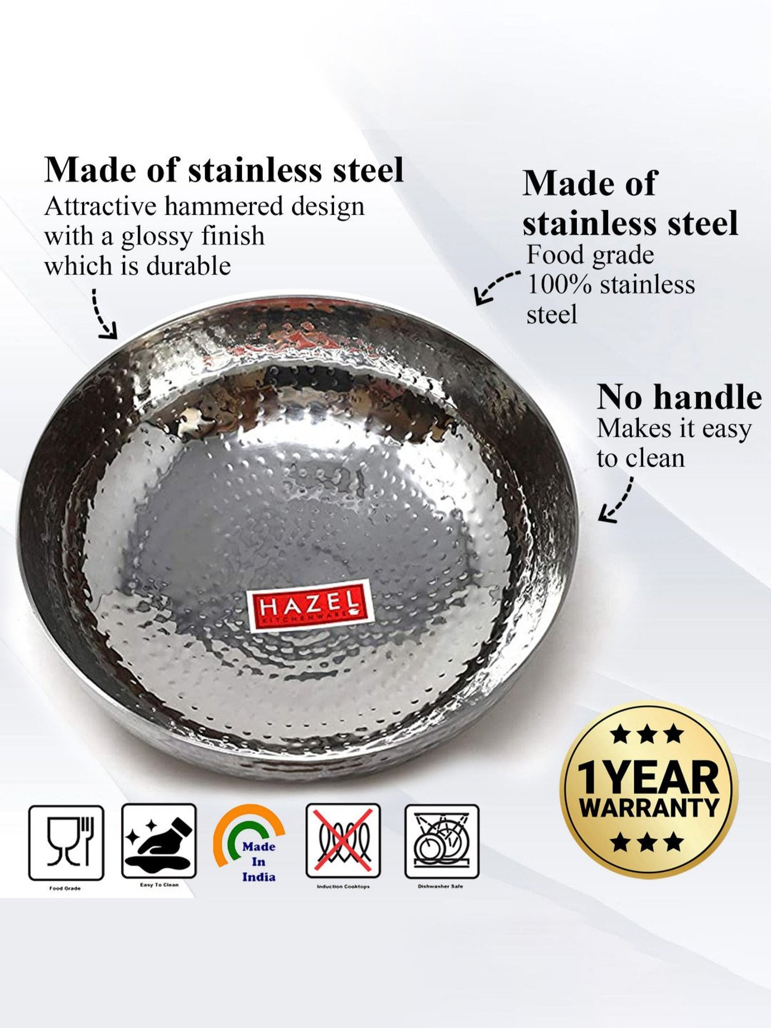 HAZEL Silver Hammered Tone Stainless Steel Kadai - Set of 1 (700 ML)