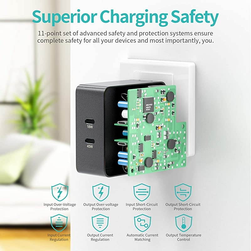 63W USB C Wall Charger with 45W Power Delivery Foldable Plug Charging Adapter with 66ft Type C Cable for MacBook Pro Dell XPS Surface Go Pixelbook iPad Pro Galaxy iPhone 11 Pro Max