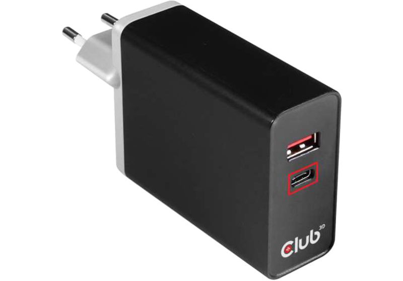 Club 3D USB Type A and C Dual Power Charger up to 60W - 5 V DC/3 A, 12 V DC, 9 V DC, 15 V DC, 20 V DC Output