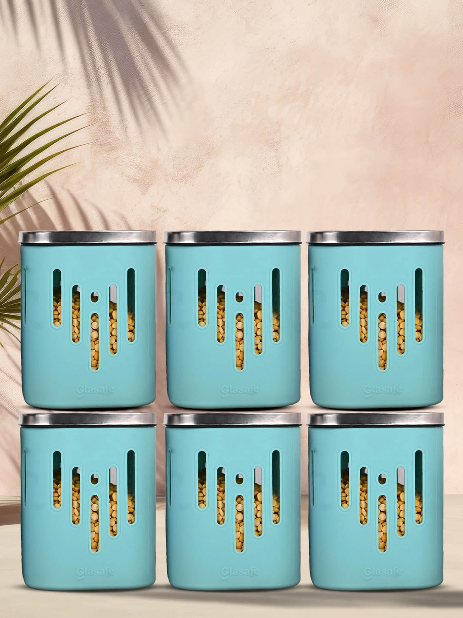 Glasafe 'O' Grip Mellow Green Borosilicate Containers - Set of 6 (900ml)