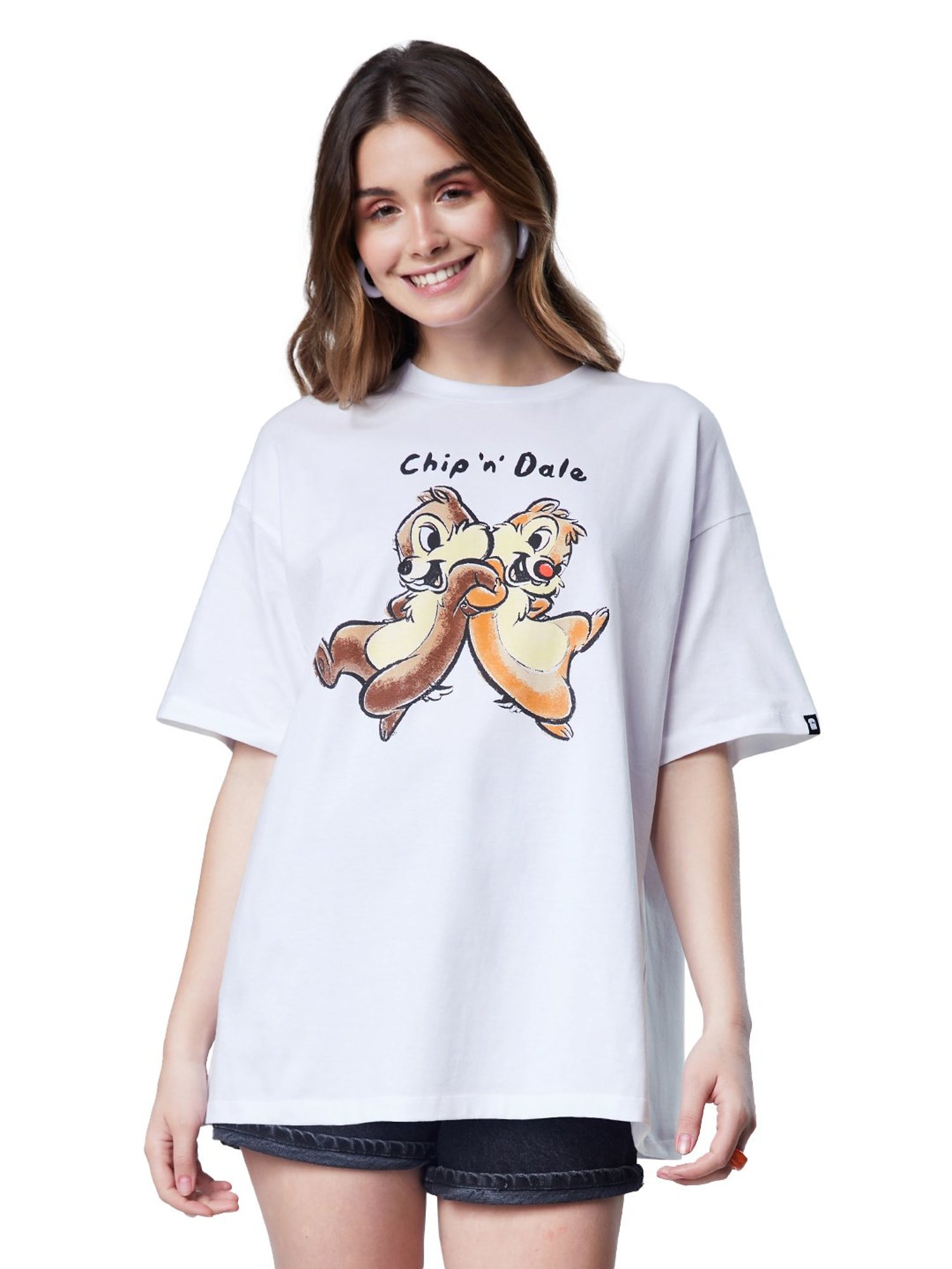 The Souled Store White Disney: Chip 'N' Dale Printed Oversized T-Shirt