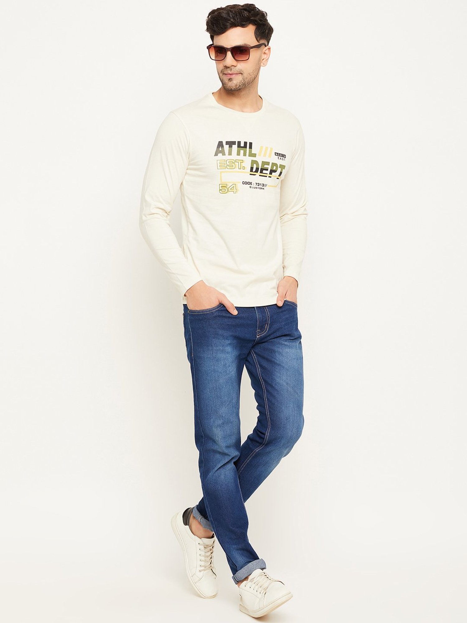 Club York Off White Regular Fit Printed Crew T-Shirt