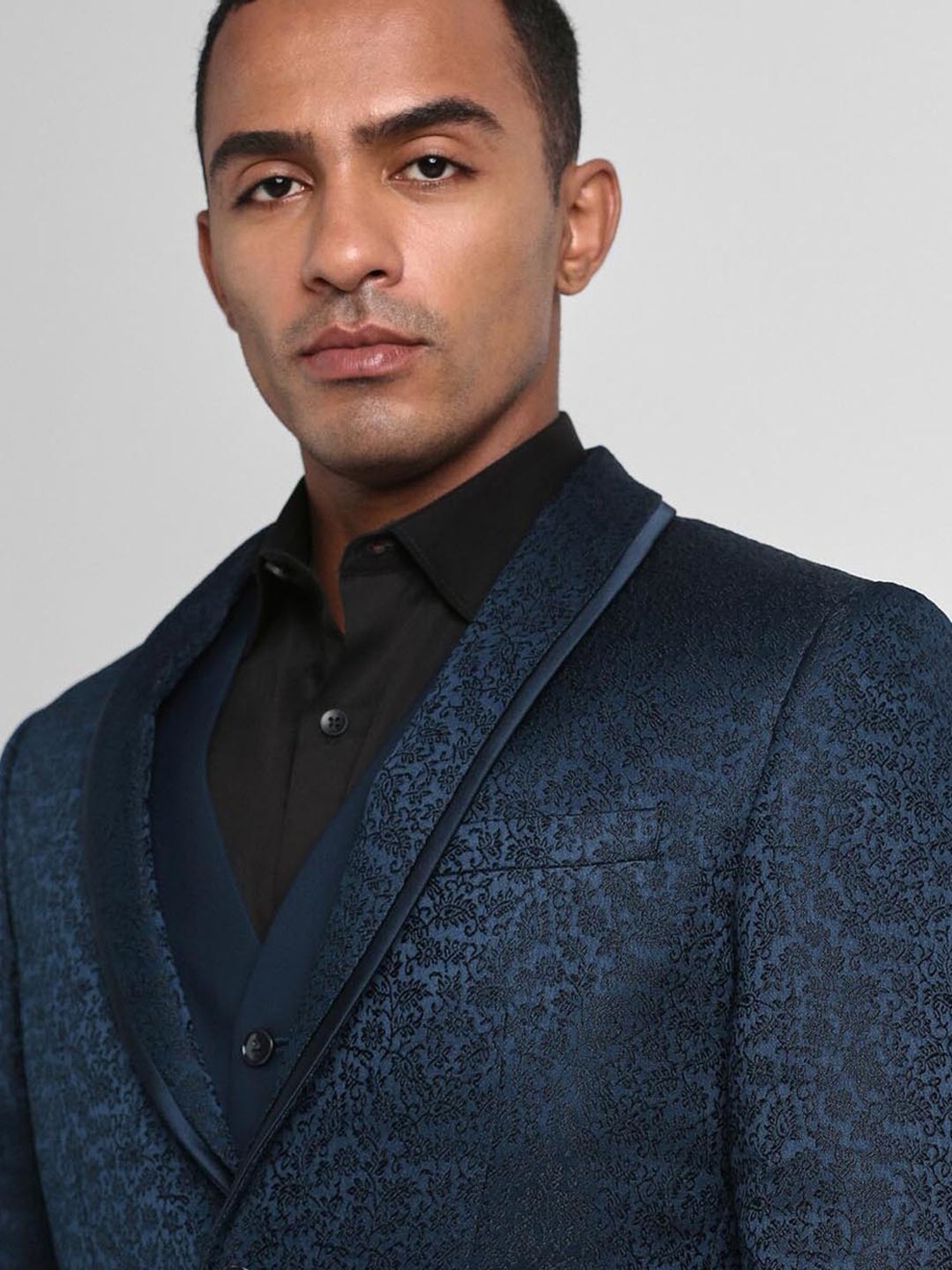 Peter England Elite Navy Slim Fit Printed Three Piece Suit