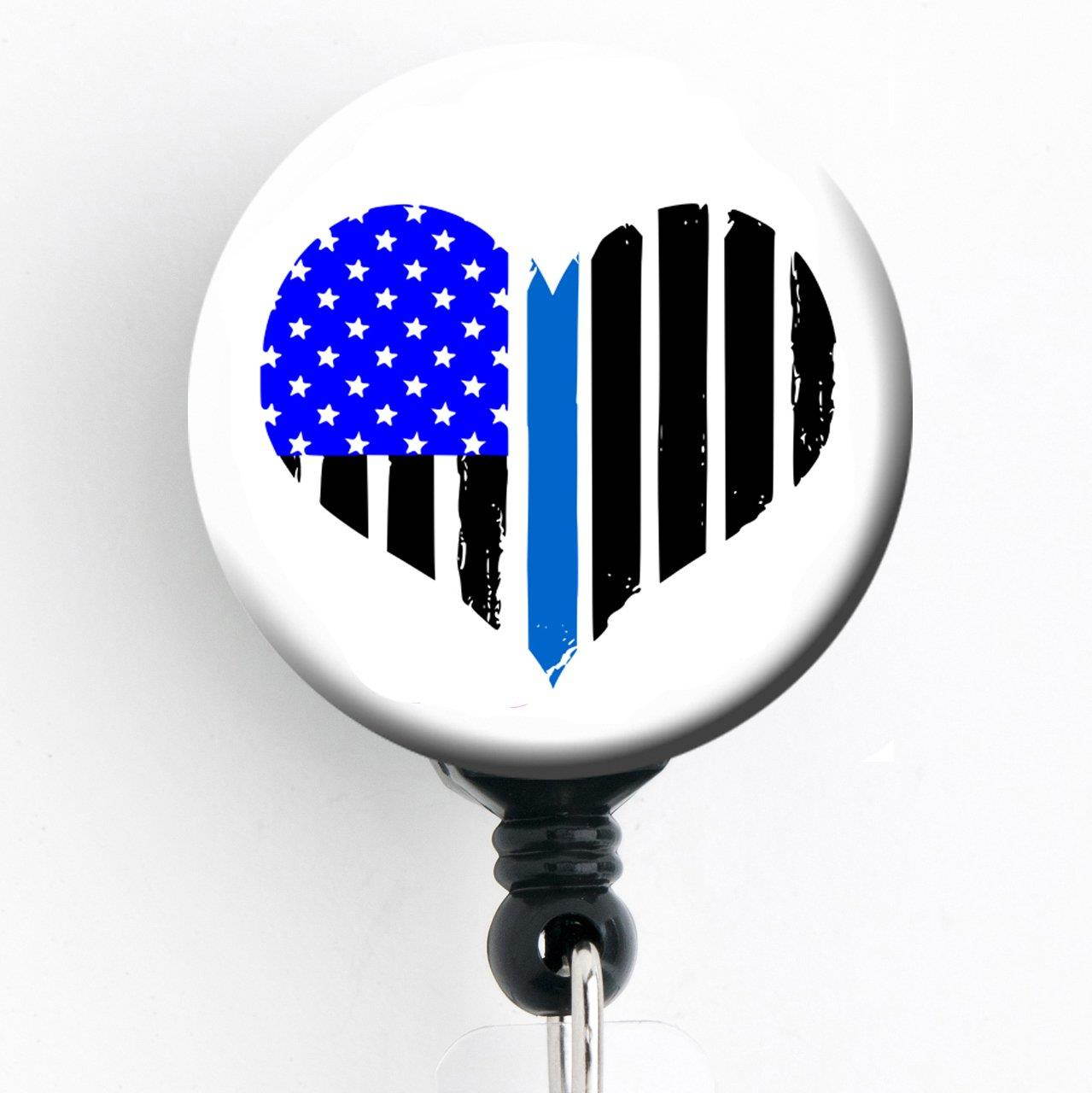 Heart Thin Blue Line Flag - Police Lives Matter - Retractable Badge Reel With Swivel Clip and Extra-Long 34 inch cord - Badge Holder