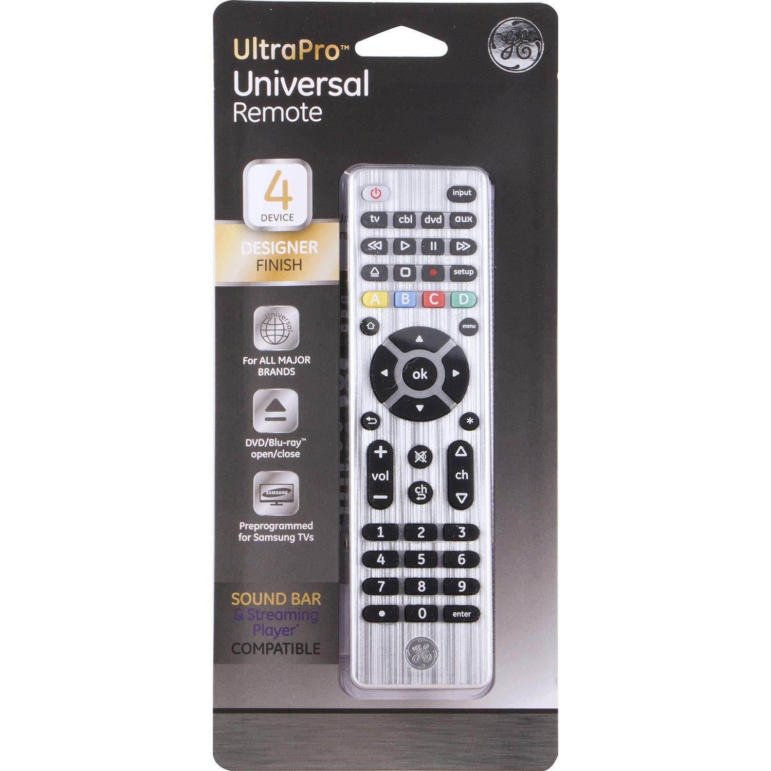 GE 4 Device Universal Remote, Smart TVs, LG, Vizio, Sony, Blu Ray, DVD, DVR, Roku, Apple TV, Streaming Players, Simple Setup, Auto Scan, Pre-Programmed for Samsung TVs, Silver, 33709