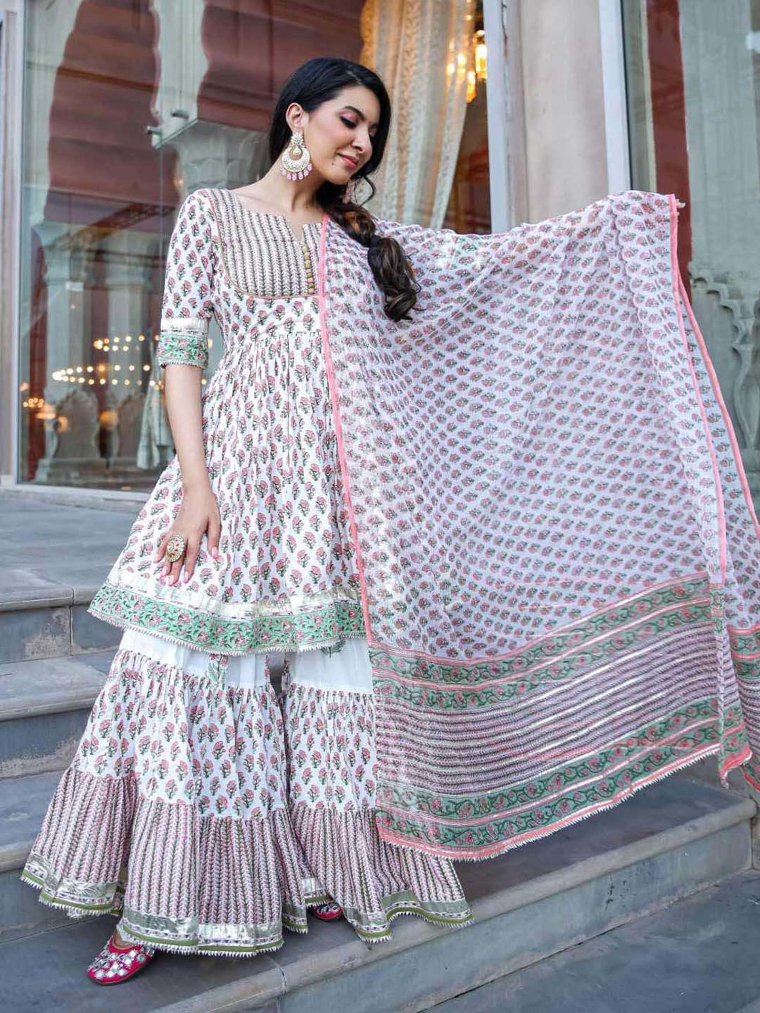 AACHHO White Cotton Floral Print Kurti Sharara Set With Dupatta