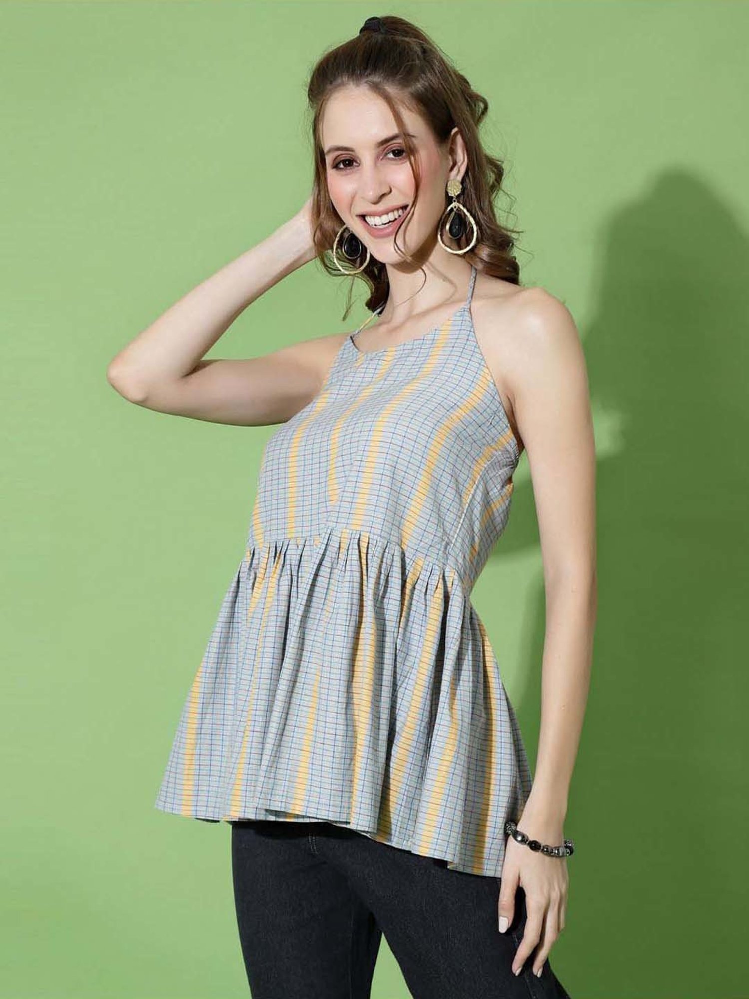 SELVIA Grey Cotton Printed Top