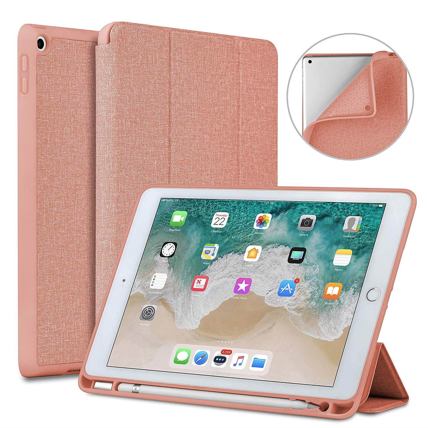 Soke New iPad 9.7 2018/2017 Case with Pencil Holder, Slim Fit Smart Case Trifold Stand with Shockproof Soft TPU Back Cover and Auto Sleep/Wake Function for iPad 9.7 inch 5th/6th Generation, Rose Gold
