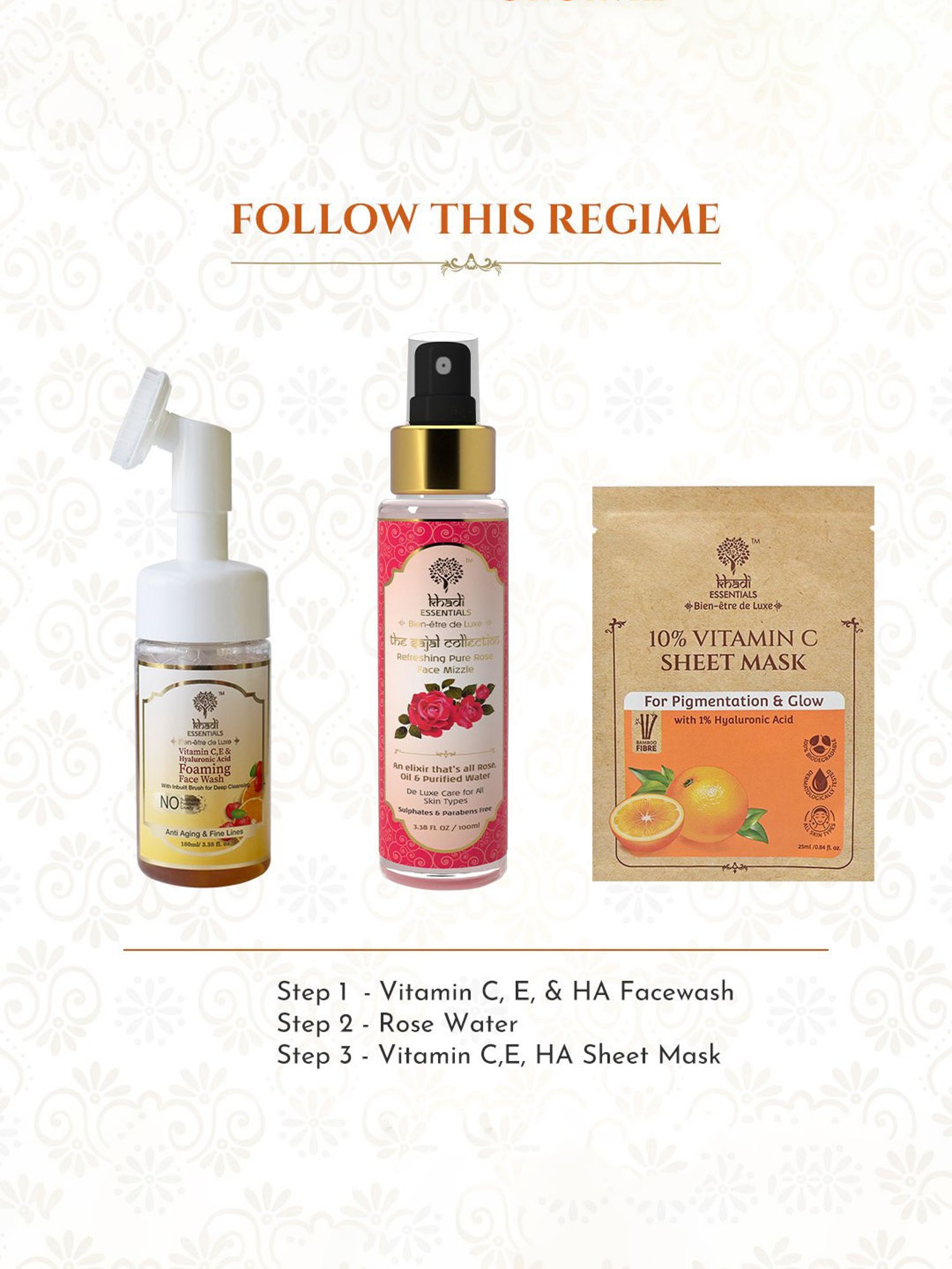 Khadi Essentials 10% Vitamin C Serum Sheet Mask with 1% HA for Pigmentation & Glow - Pack of 3