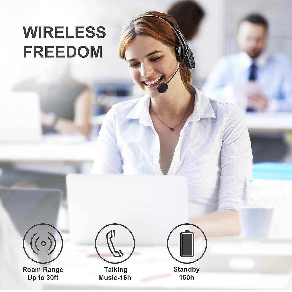 Bluetooth Headset 5.0 with Noise Cancelling Mic 16Hrs Talktime Wireless Phone Headset for Truck Driver Call Center Office