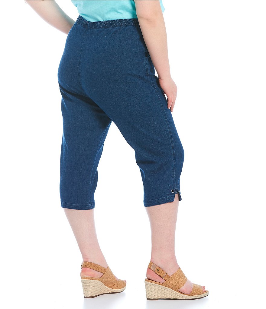 Allison Daley Plus Size Stretch Denim Silver Ring Hem Detail Pull-On Capri Pants