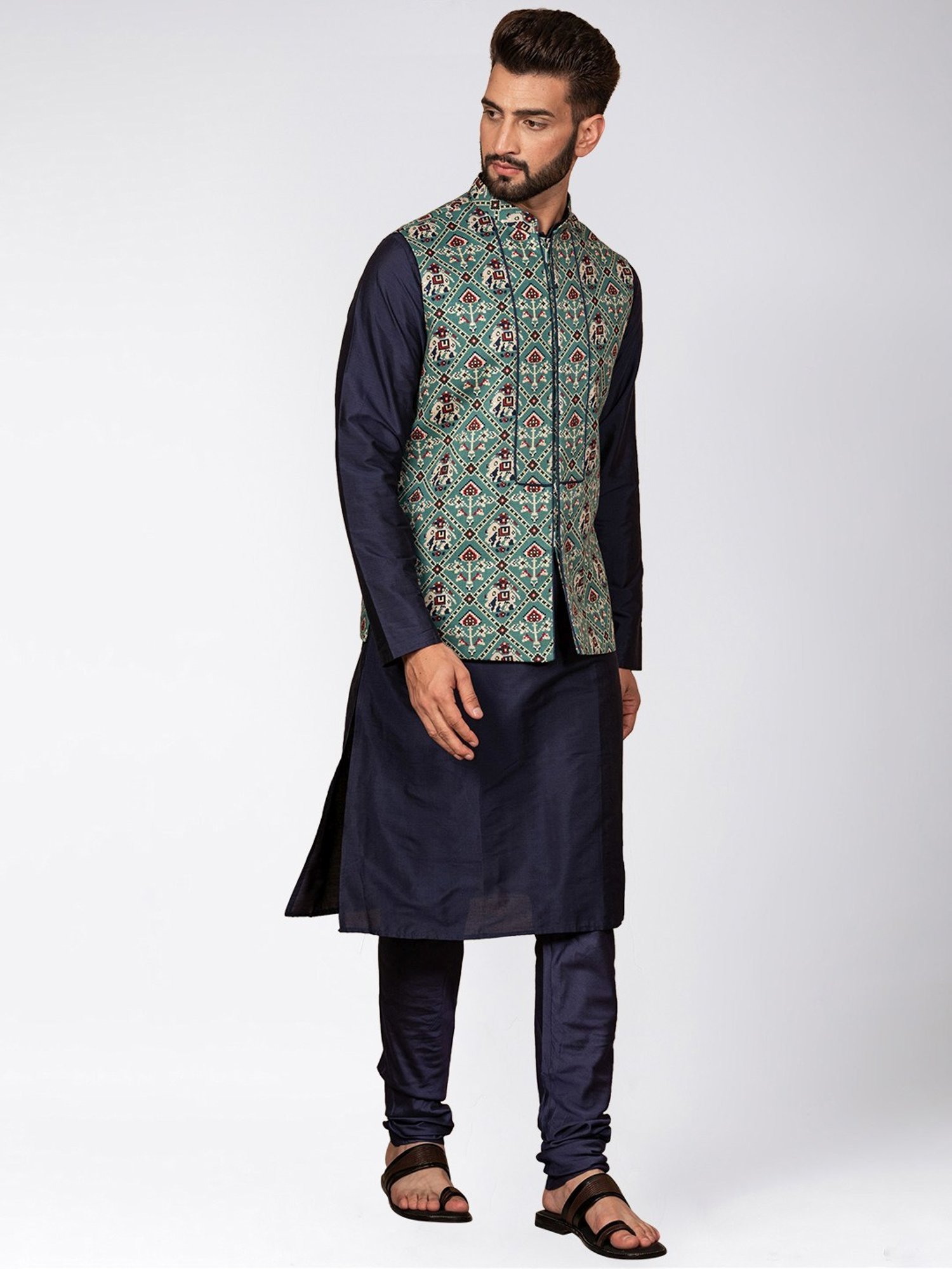 KISAH Green & Navy Regular Fit Printed Kurta Set with Jacket