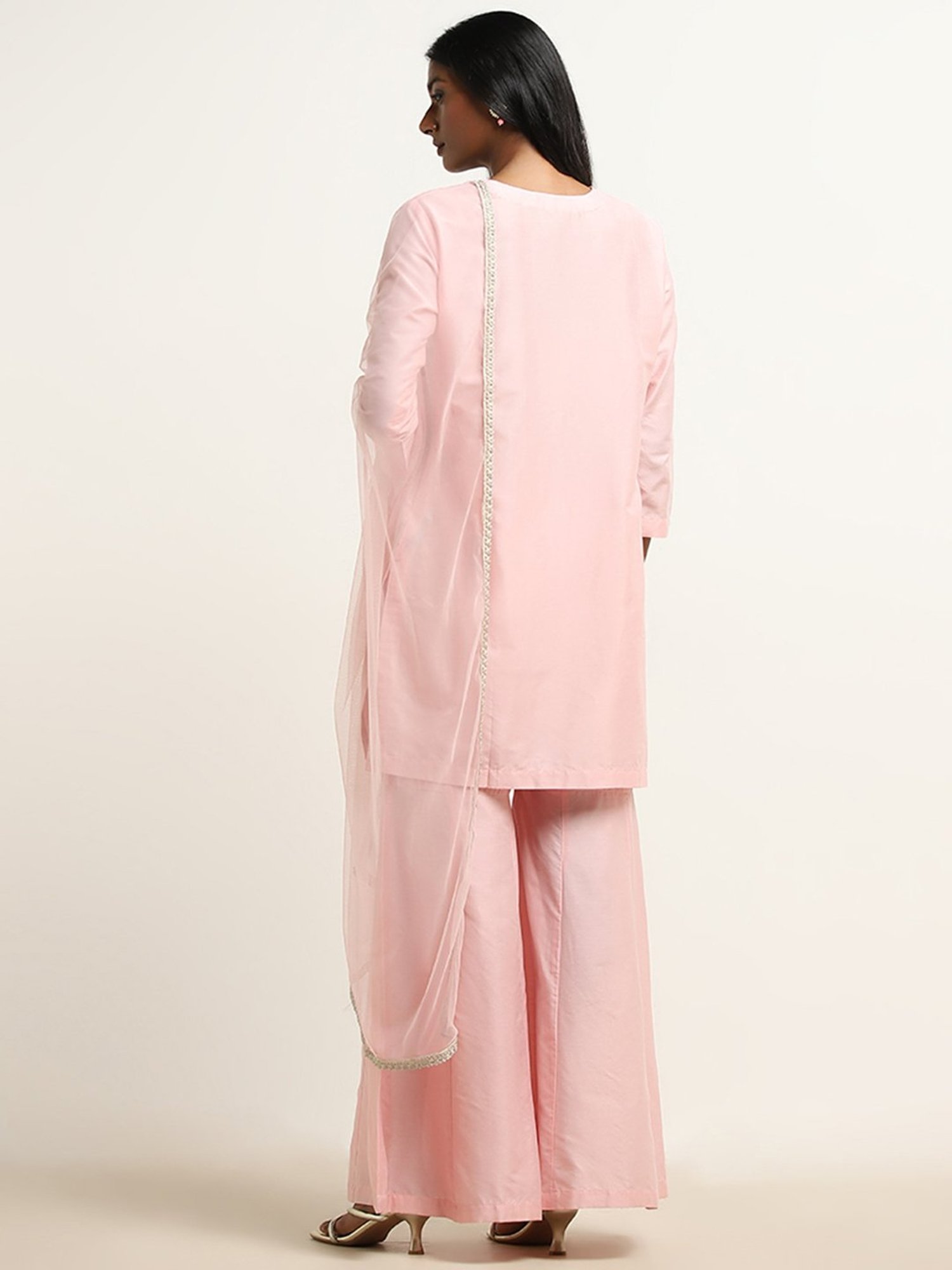 Vark by Westside Pink Floral Embroidered Kurti, Gharara & Dupatta Set