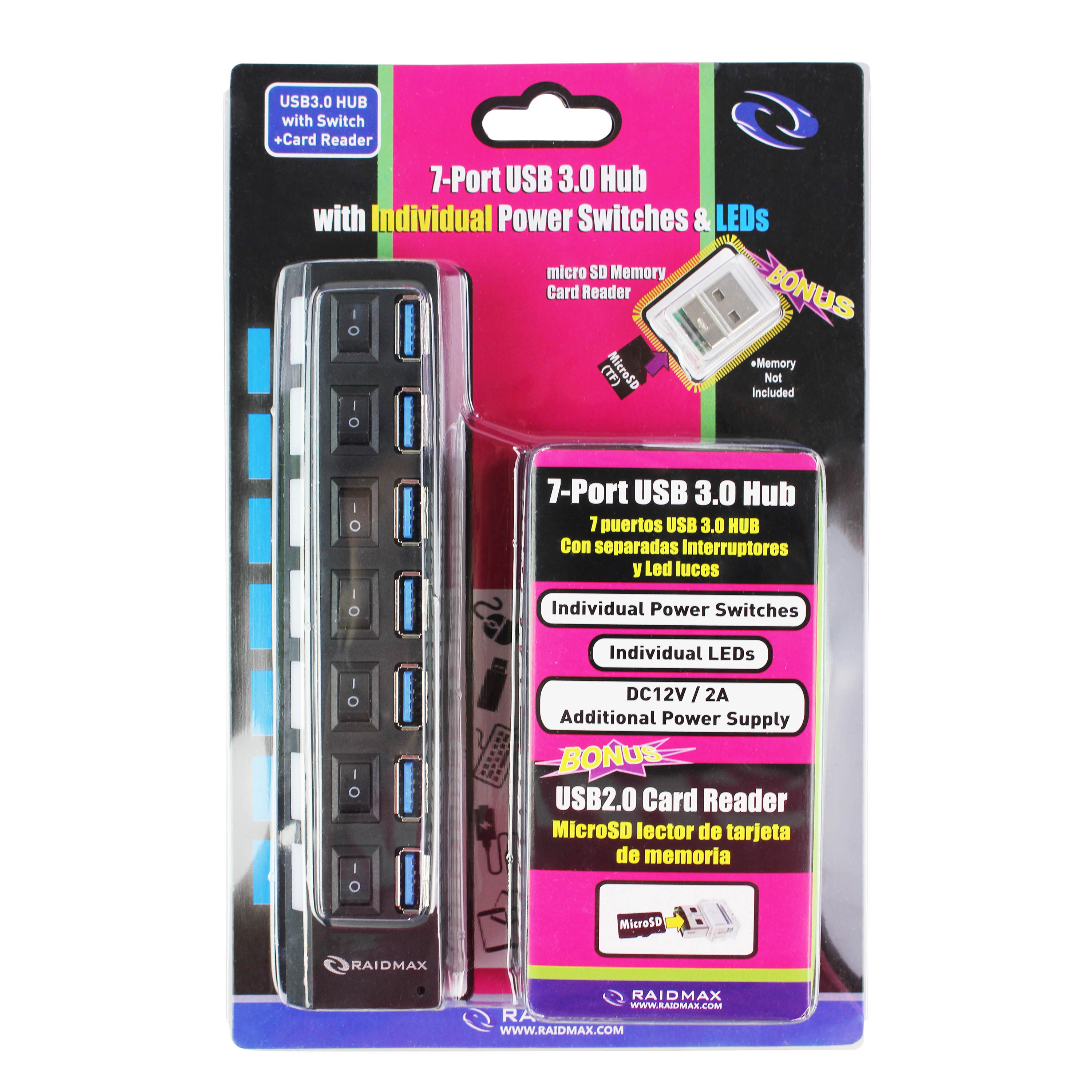 RAIDMAX 7 Port USB 3.0 Hub Power Splitter LEDSwitch AC Power Adapter SD(TF)Card Reader