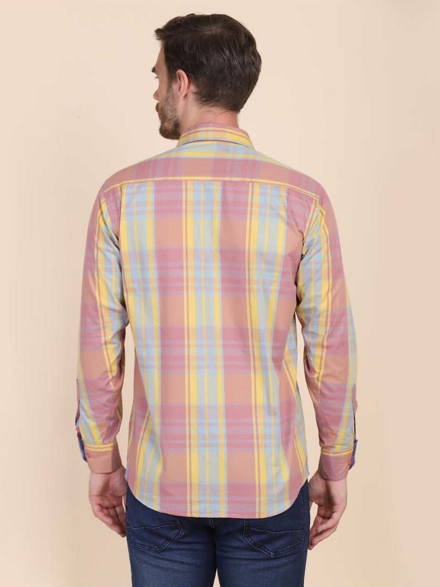 TAHVO Pink & Yellow Cotton Slim Fit Checks Shirt