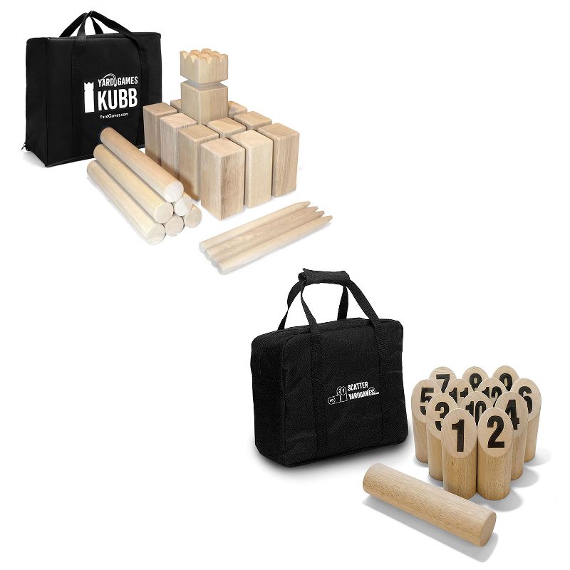 Yard Games Outdoor Backyard Regulation Size Kubb Hardwood Kids Tossing Game Set Bundle w/ Hardwood Outdoor Scatter Toss Target Lawn Game Skittles Set