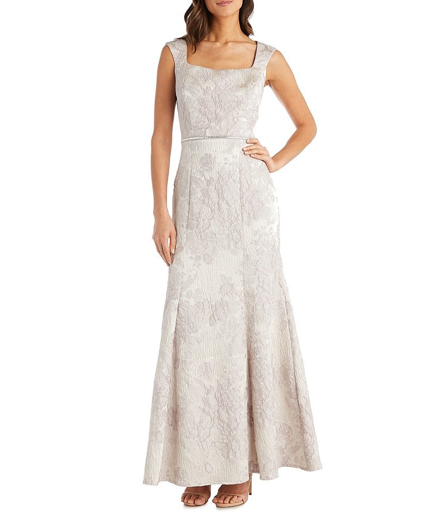 R & M Richards Sleeveless Square Neck Brocade Mermaid Skirt Gown