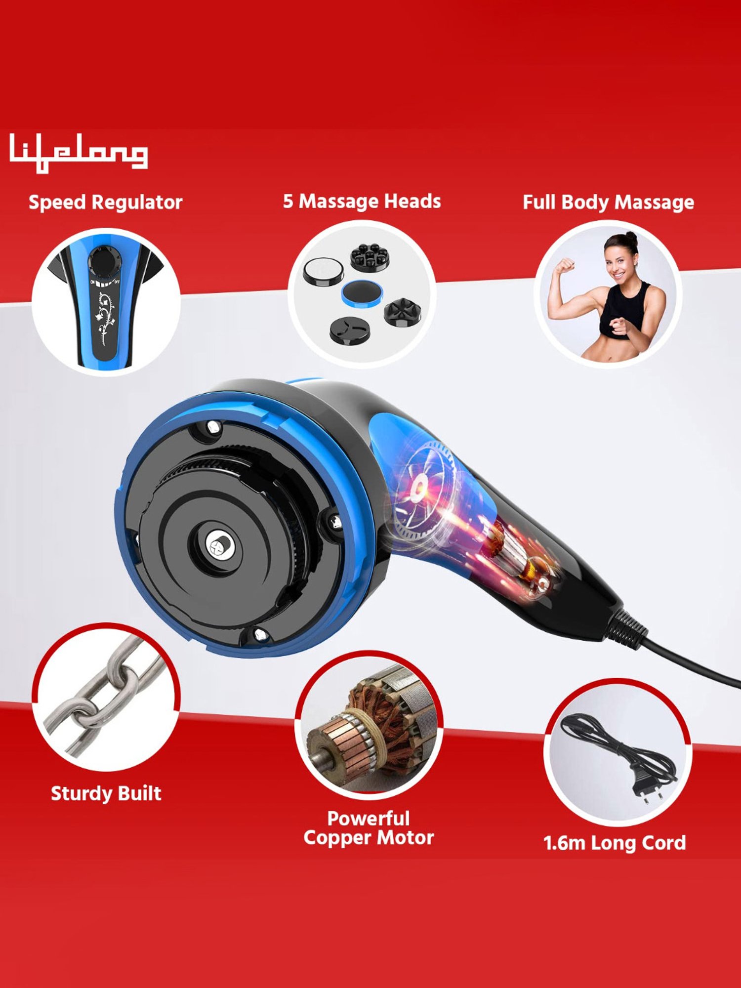 Lifelong LLM576 Powerful Handheld Corded Electric Manipol Body Massager for Pain Relief (Black)