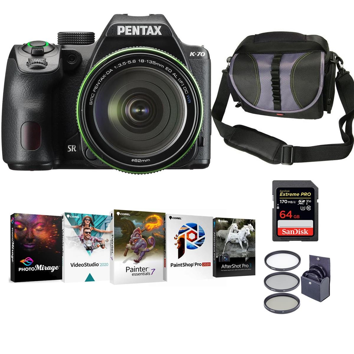 Pentax K-70 DSLR with 18-135mm WR Lens, Black with PC Software & Accessories