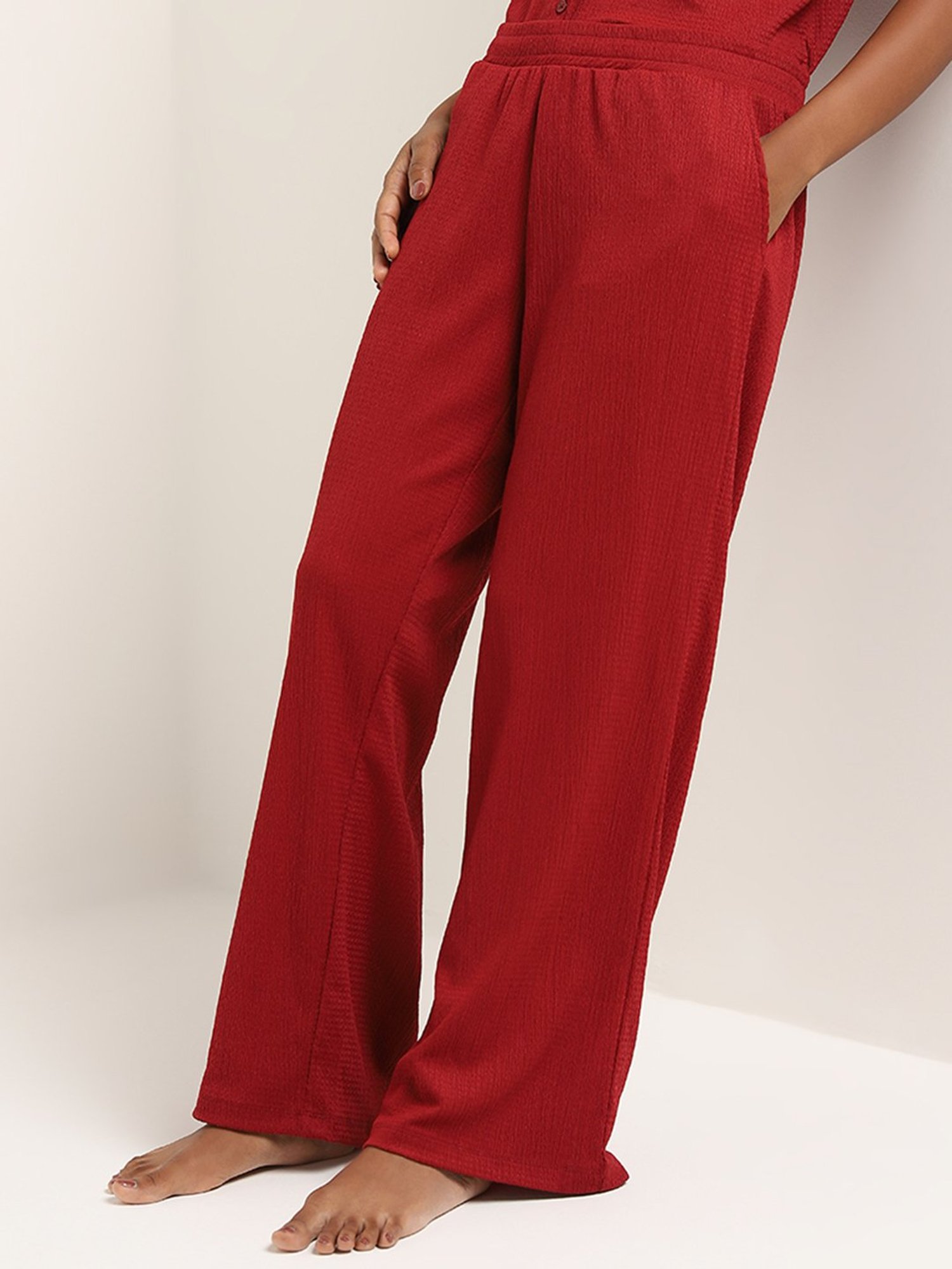 Superstar by Westside Red Crinkle-Textured High-Rise Pants
