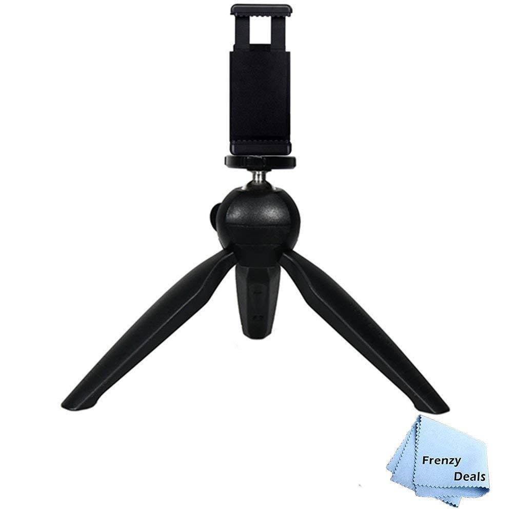 FrenzyDeals Mini Tripod for Compact, DSLR cameras & Smartphones + Phone Holder mount for iPhone Xs Xr Max 8 Plus 8 7 7+ 6S Plus 6S, 6 Plus 6 Samsung S8 S8+ S7 Edge + Note 8 and more + Microfiber Cloth