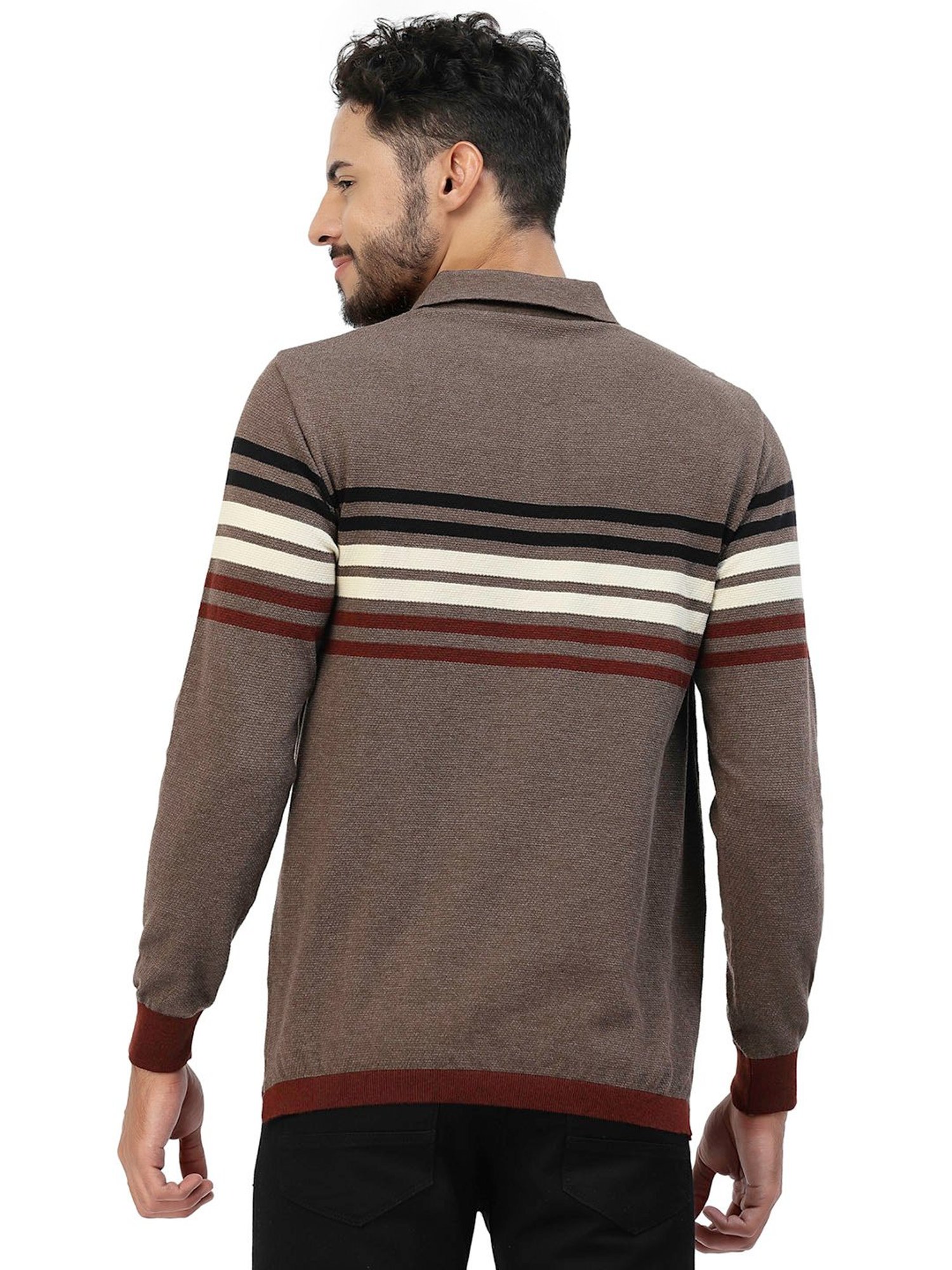 Kalt Brown Regular Fit Striped Polo T-Shirt