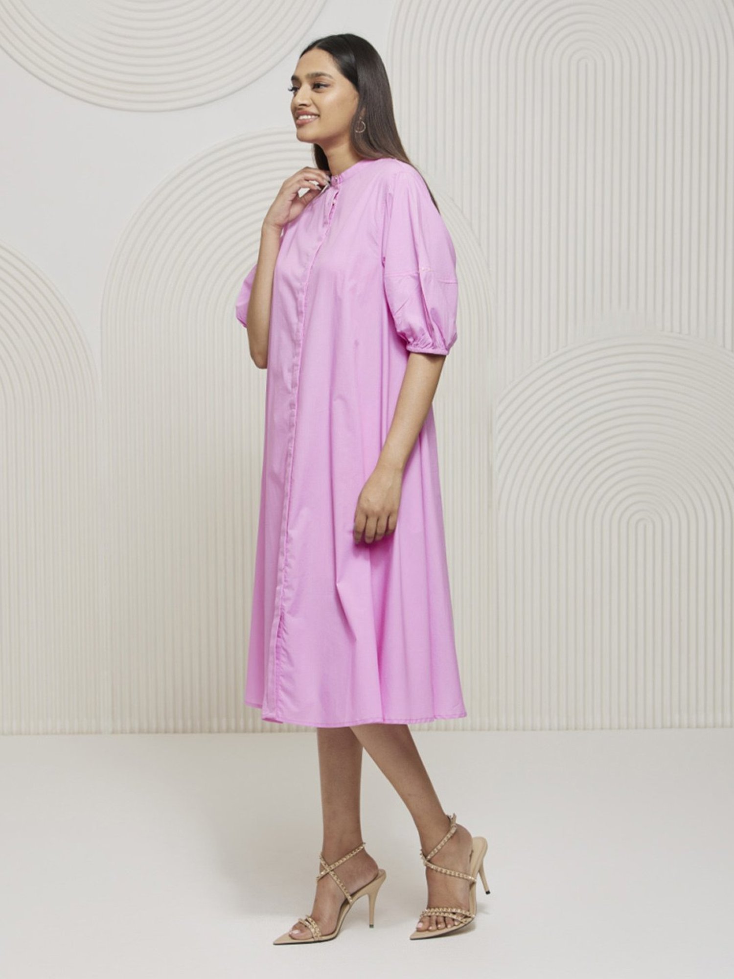 Artagai Mauve Rose Flared Calf Length Dress with Balloon Sleeves