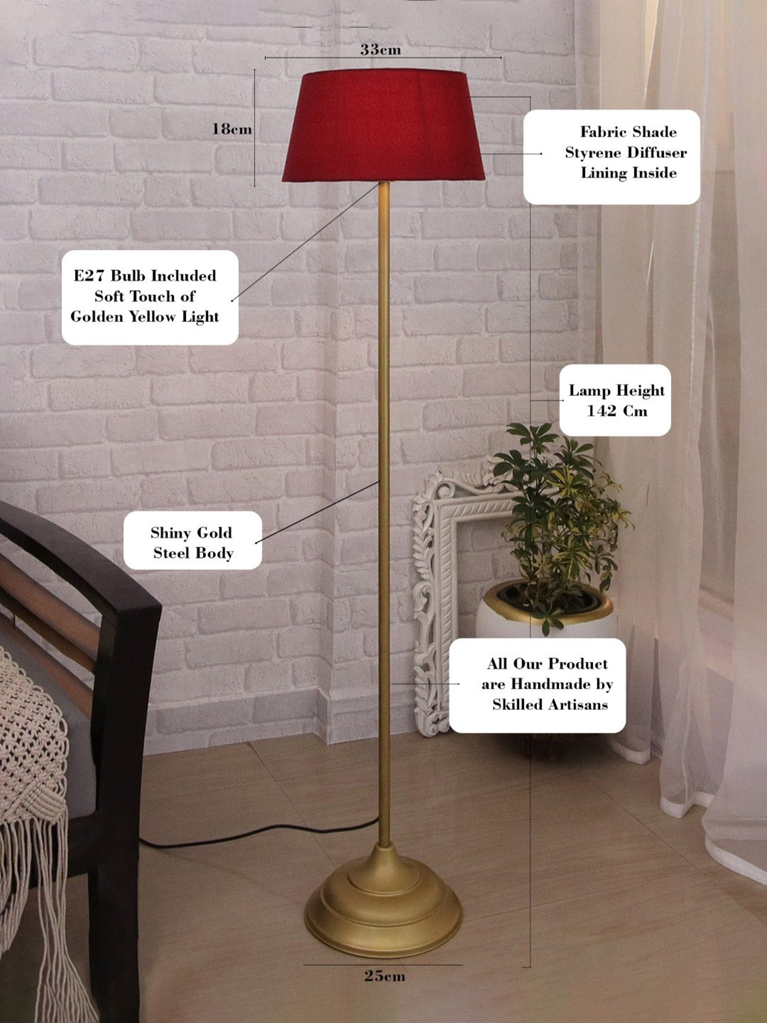 Homesake Red & Golden Metal Standing Floor Lamp with Bulb and Floor Switch (Iron Legs)