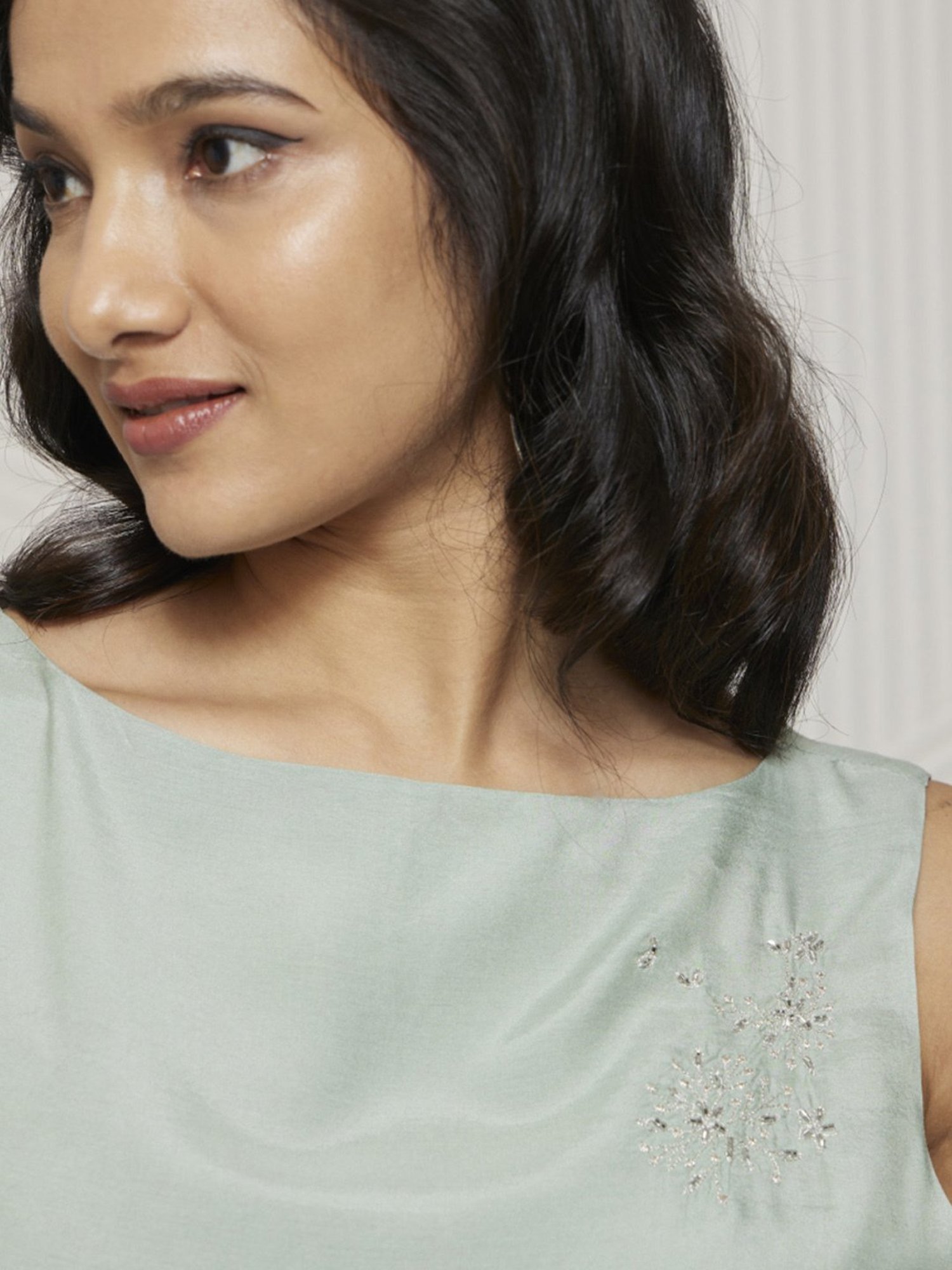 Artagai Celadon Green Romancing Aari Layered Shift Dress With Brooch Detail