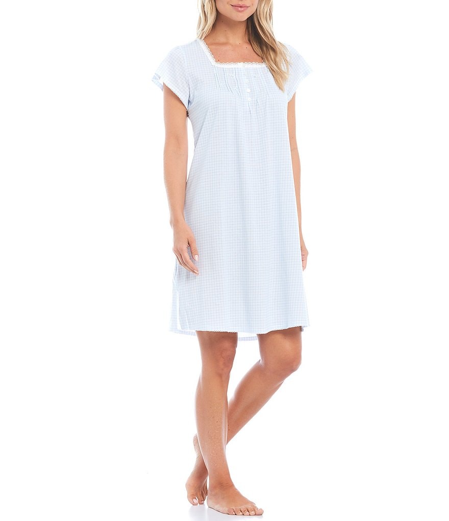 Miss Elaine Silky Knit Square Neck Short Sleeve Checked Print Short Nightgown