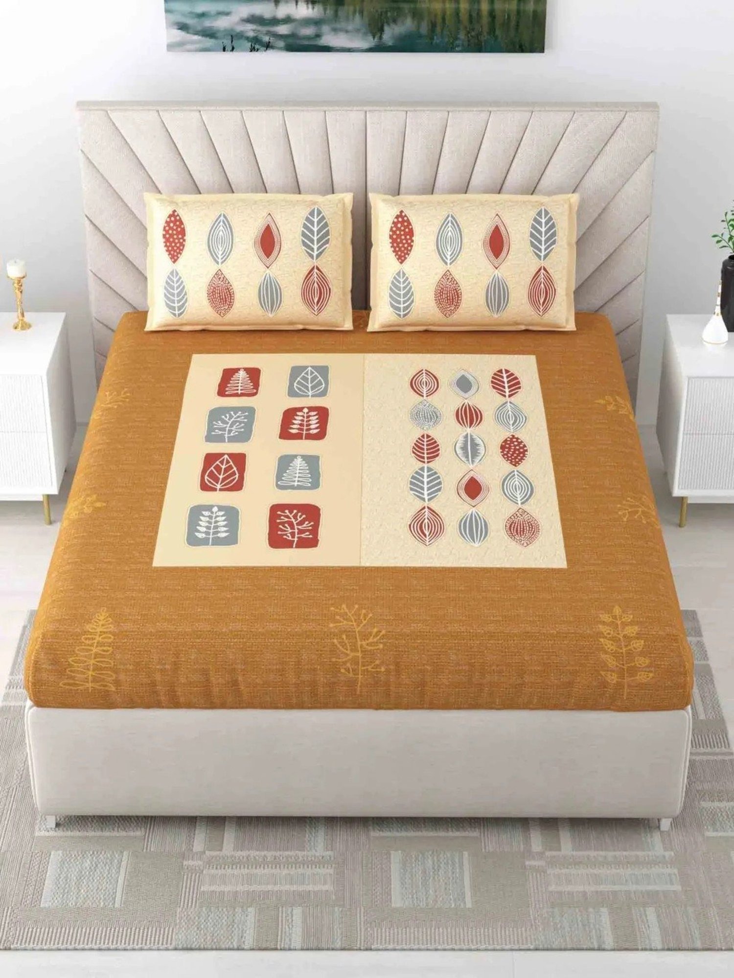 Living Roots Abstract Yellow 300 TC Cotton Bedsheet with 2 Pillow Covers