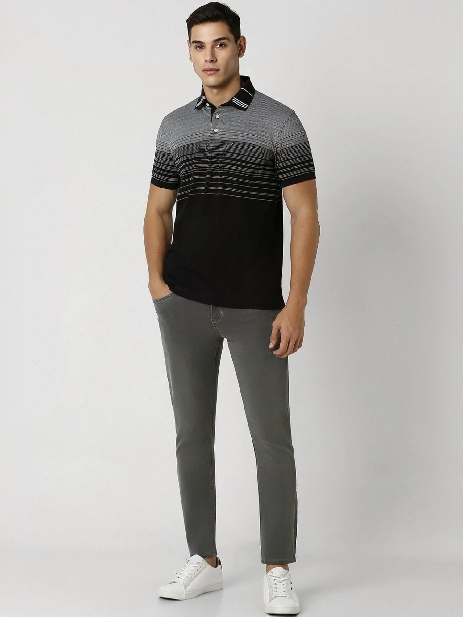 Van Heusen Sport Black Cotton Regular Fit Striped Polo T-Shirt