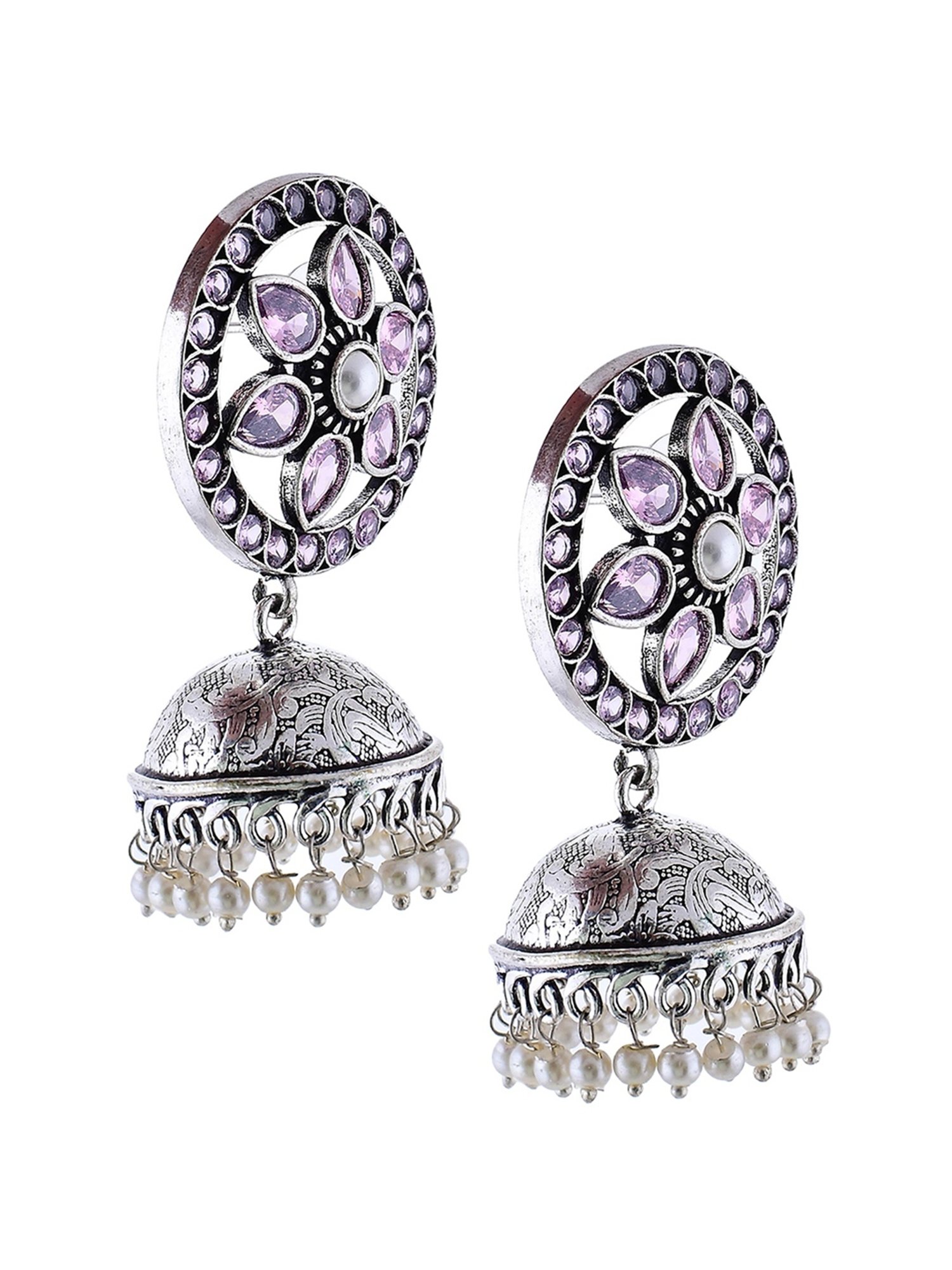Imli Street Pink-White Silver Tone Stone-Studded Handcrafted Jhumki Earrings