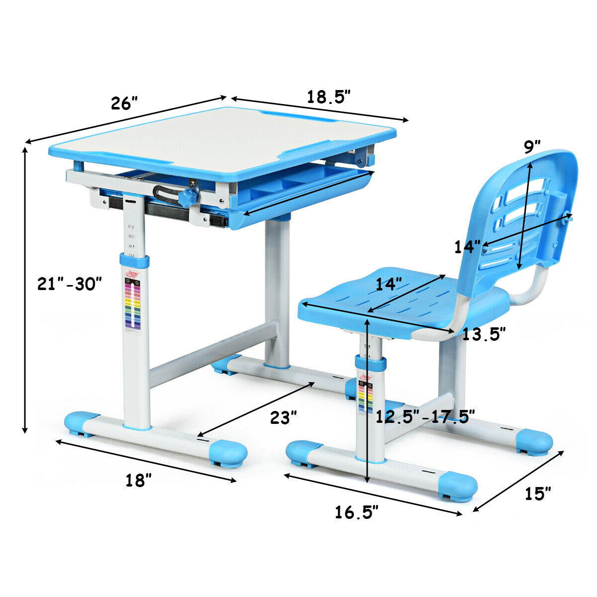 Height Adjustable Children&rsquo;s Desk Chair Set Multifunctional Study Drawing Blue