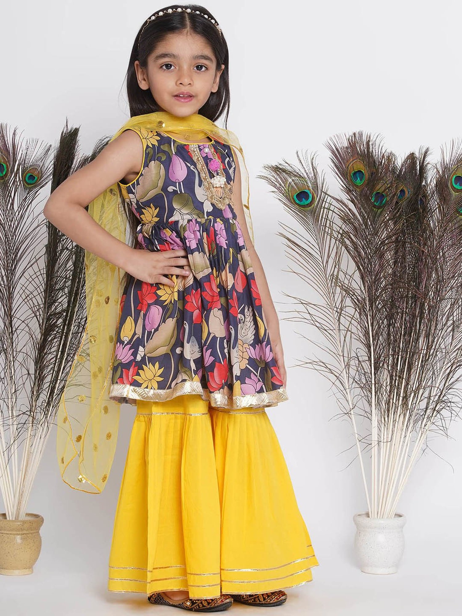 Little Bansi Kids Navy & Yellow Floral Print Kurta, Sharara with Dupatta
