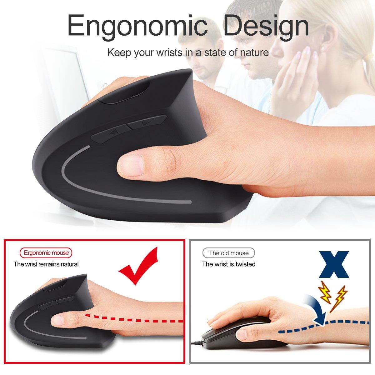 2.4G USB Wireless Vertical Mouse Rechargeable Ergonomic Optical Computer Mouse with 3 Adjustable DPI 1000/1200/1600 Levels 6 Buttons for Laptop, PC, Computer, Desktop, Notebook - Black