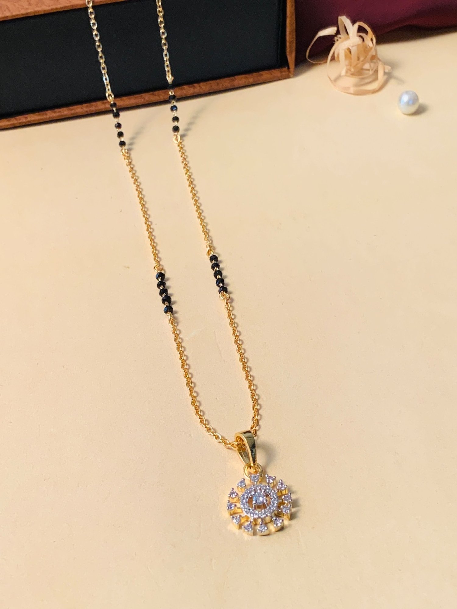 Abdesigns Gold-Plated American Diamond & Black Beaded Mangalsutra