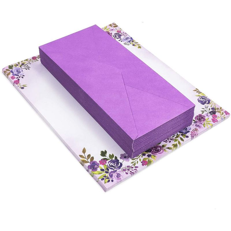 48 Pack Purple Watercolor Floral Stationery Paper and Envelopes Set, 8.5" x 11"