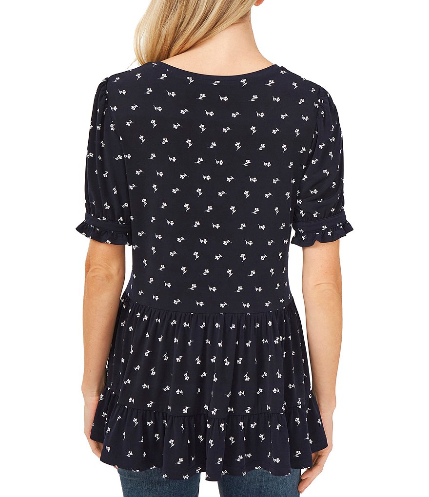 CeCe Round Neck Short Puff Sleeve Tulip Ditsy Babydoll Top