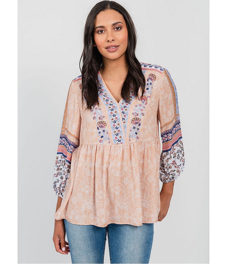 One World Apparel Mixed Floral Border Print Woven V-Neck 3/4 Sleeve Babydoll Top