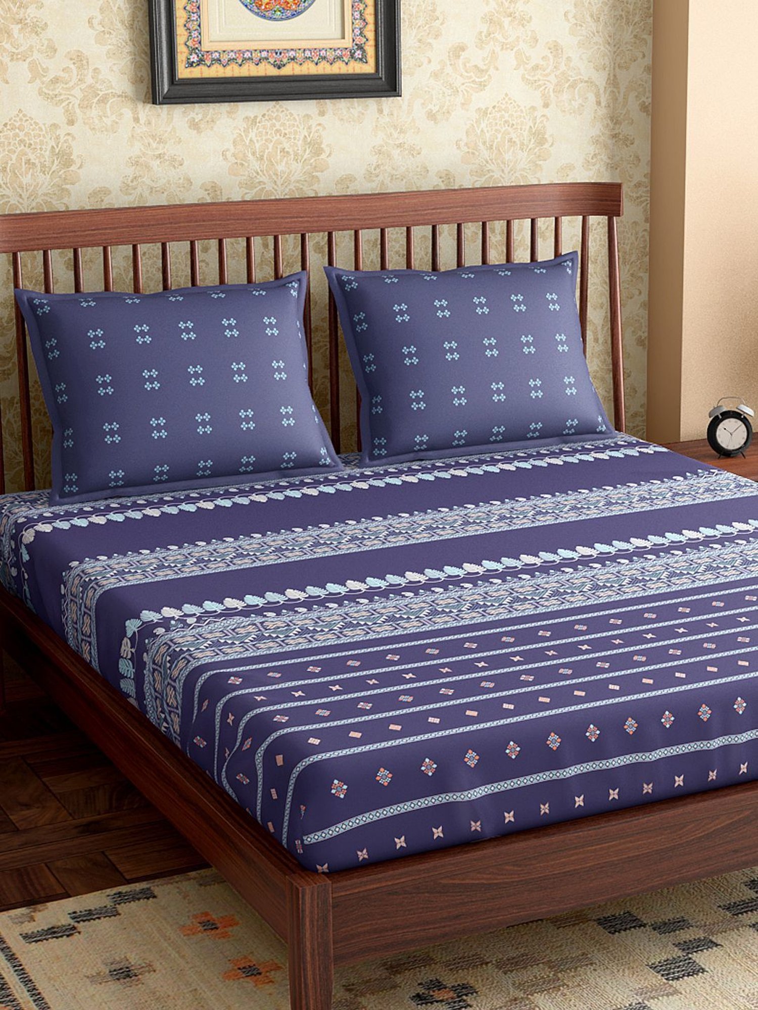 Petal Home Hooghly Motif Navy Blue 300 TC Cotton Queen Size Bed Sheet with 2 Pillow Covers