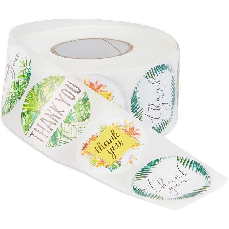 Pipilo Press 1000-Pack Thank You Stickers Roll with Assorted Tropical Leaves Designs (1.5 Inches)