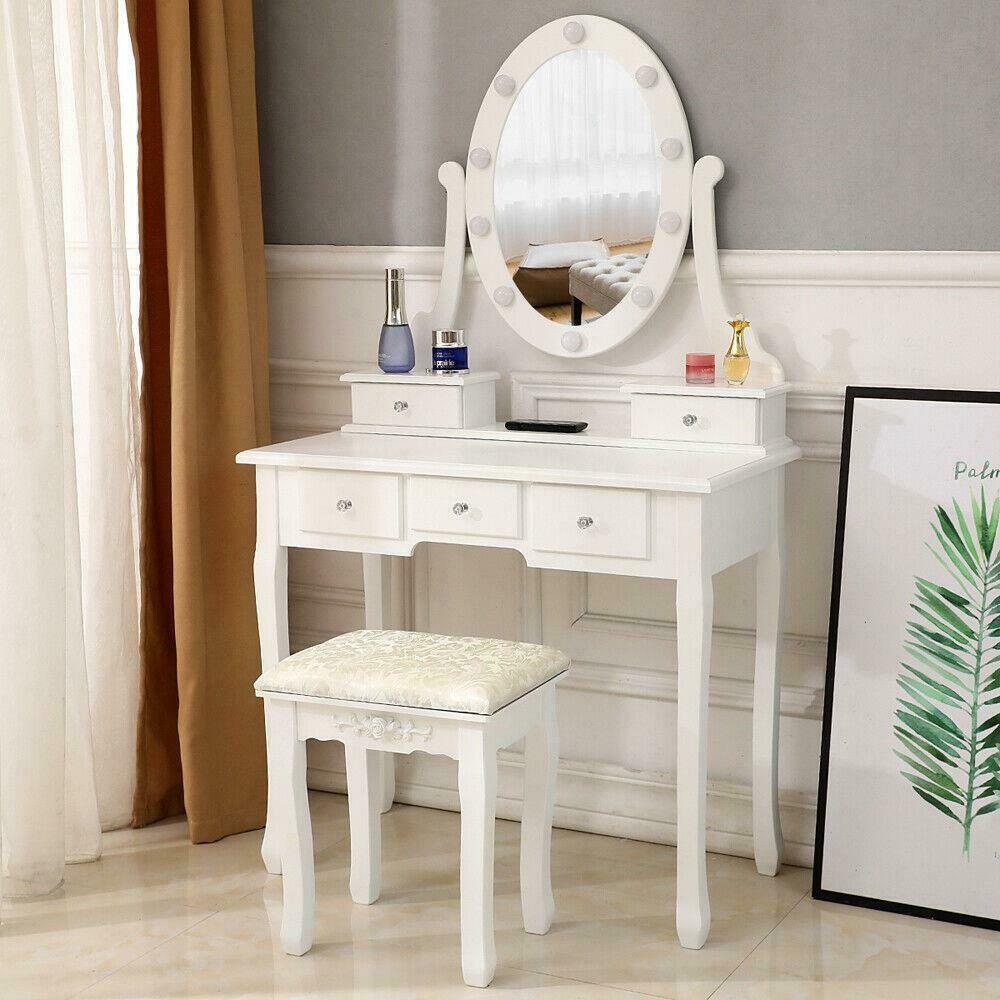 Makeup Dressing Table Vanity Set With Mirror 10 Led Lights for Bedroom White